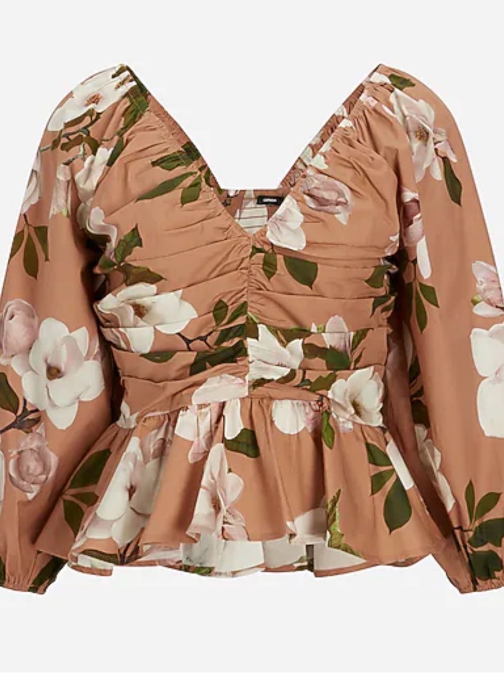 Express Camel Floral Ruched V-Neck Peplum Blouse